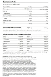 Supplement facts for Amix Whey-Pro Fusion showing amino acid profile, protein content, and nutritional values.